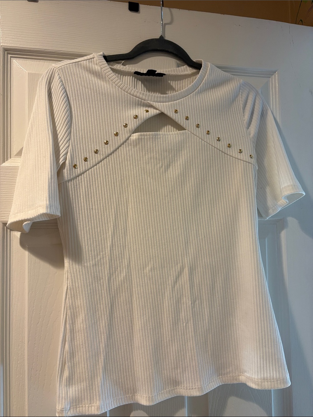INC International Concepts White Ribbed Short Sleeve Top with Gold Studs